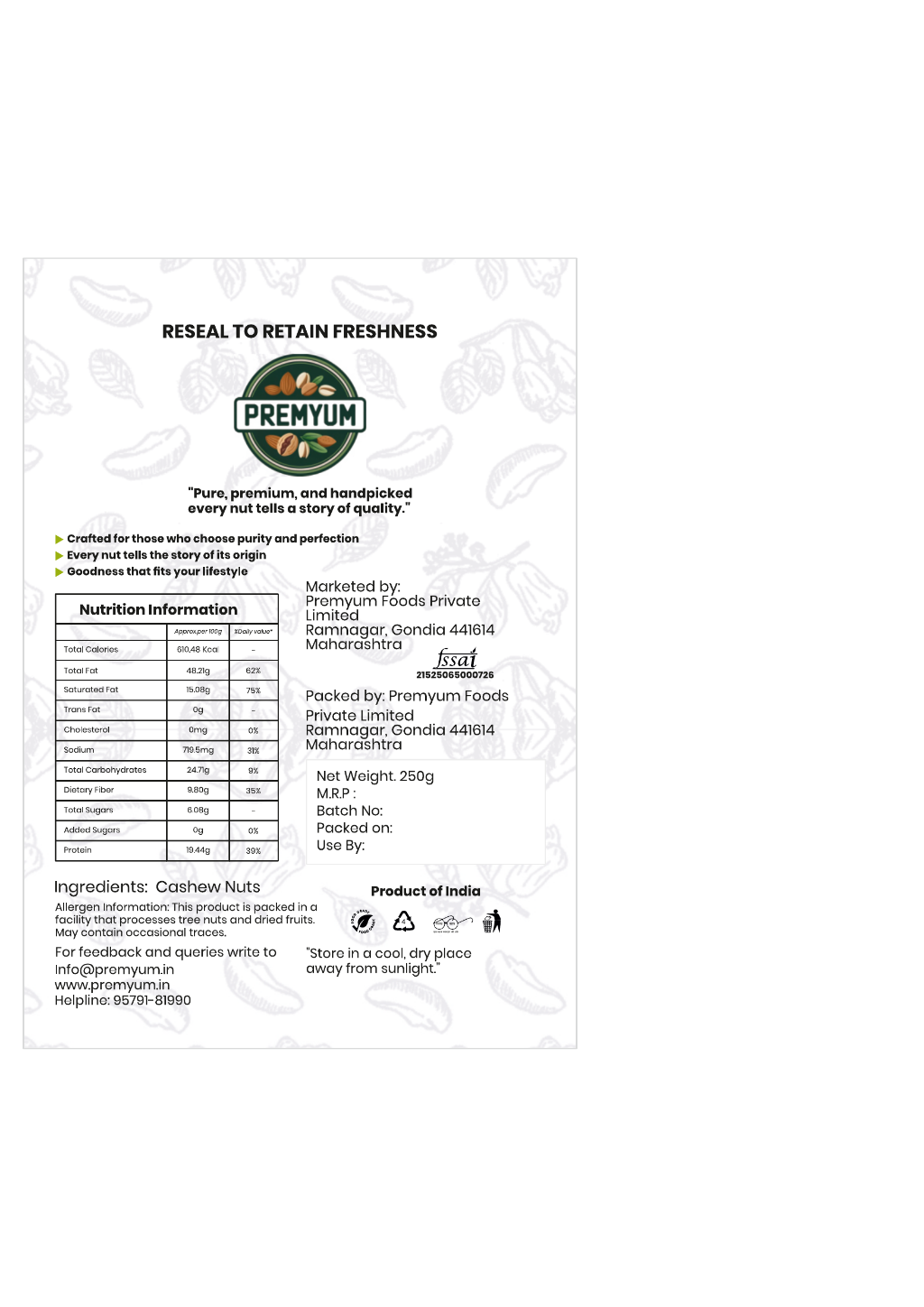 Premyum Cashew Nuts 250g | Whole, Natural & Premium - Image 3