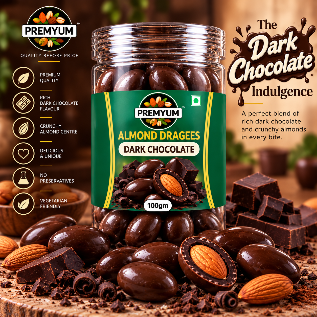 Premyum Almond Dragees – Dark Chocolate | 100g - Image 2